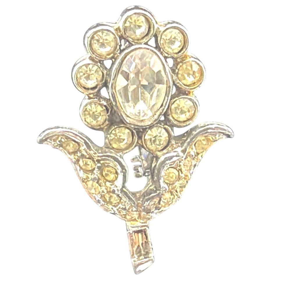 Vintage Silver Tone Yellow Rhinestone Floral Flower Brooch